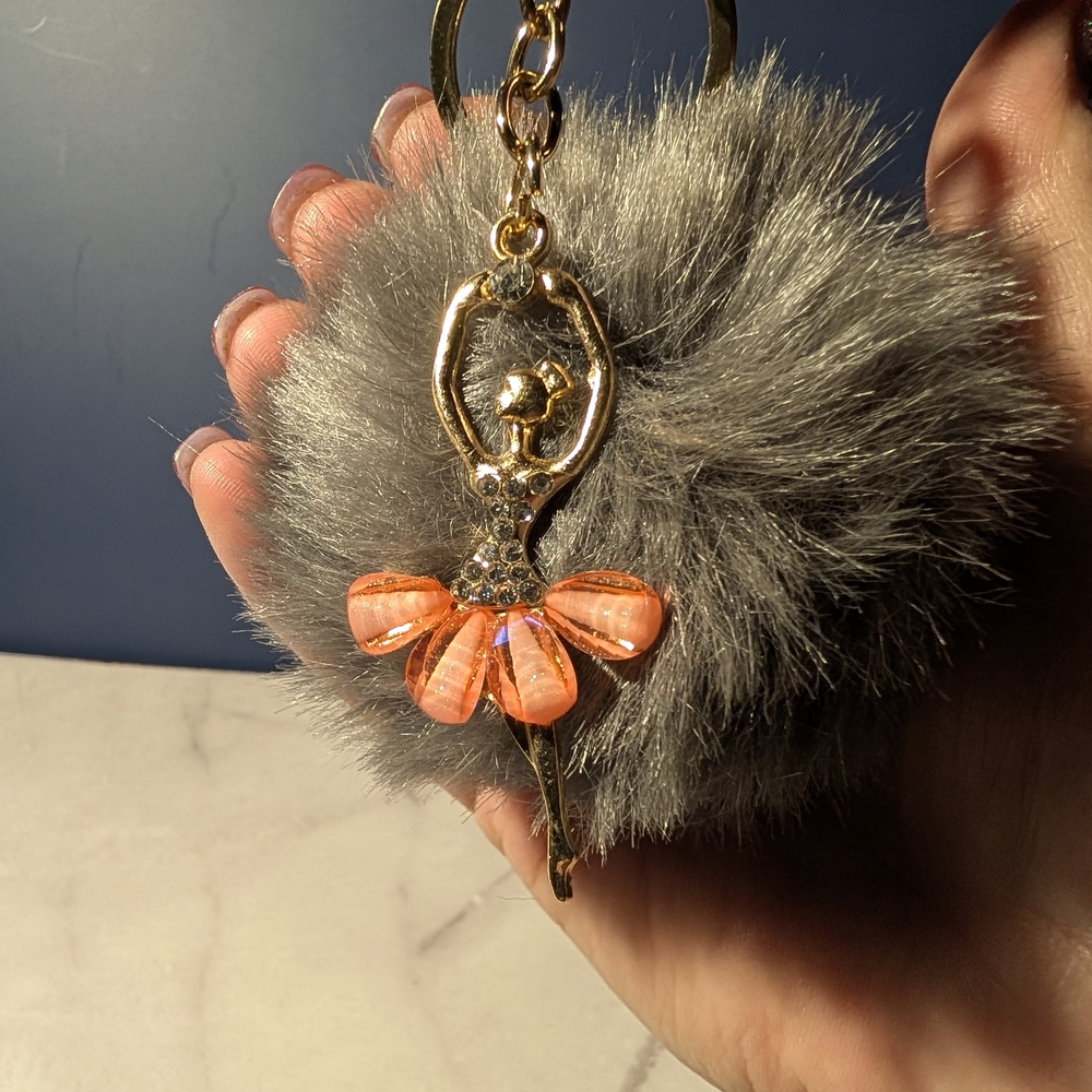 Silver Pom Pom Bag Charm with Ballerina Jeweled